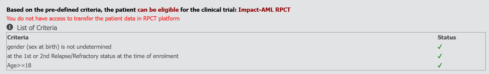 Message for not having access to transfer patient data
