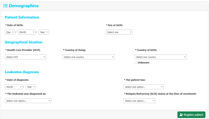 Patient registration page - Demographics Data
